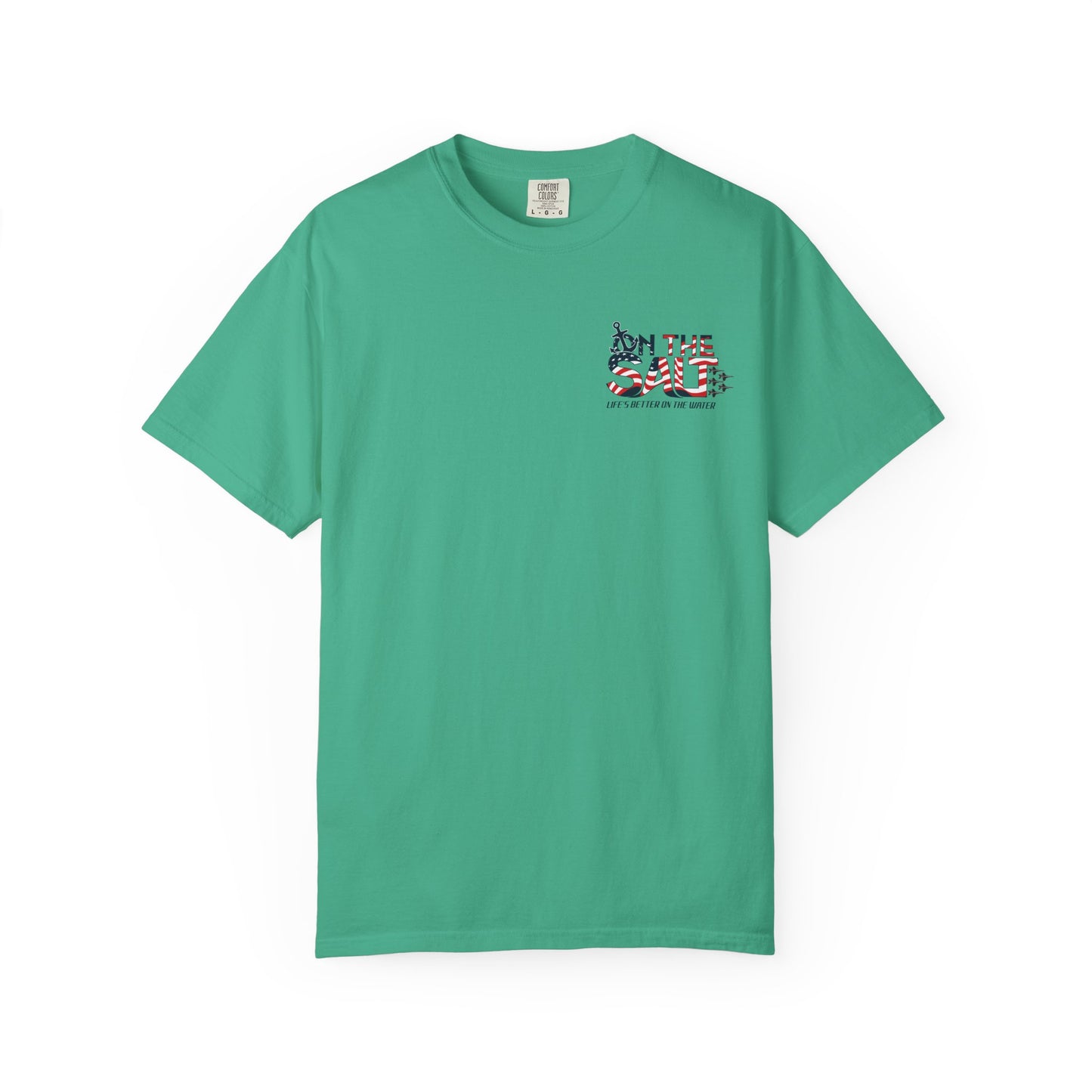 Green t-shirt with a small logo on a white background