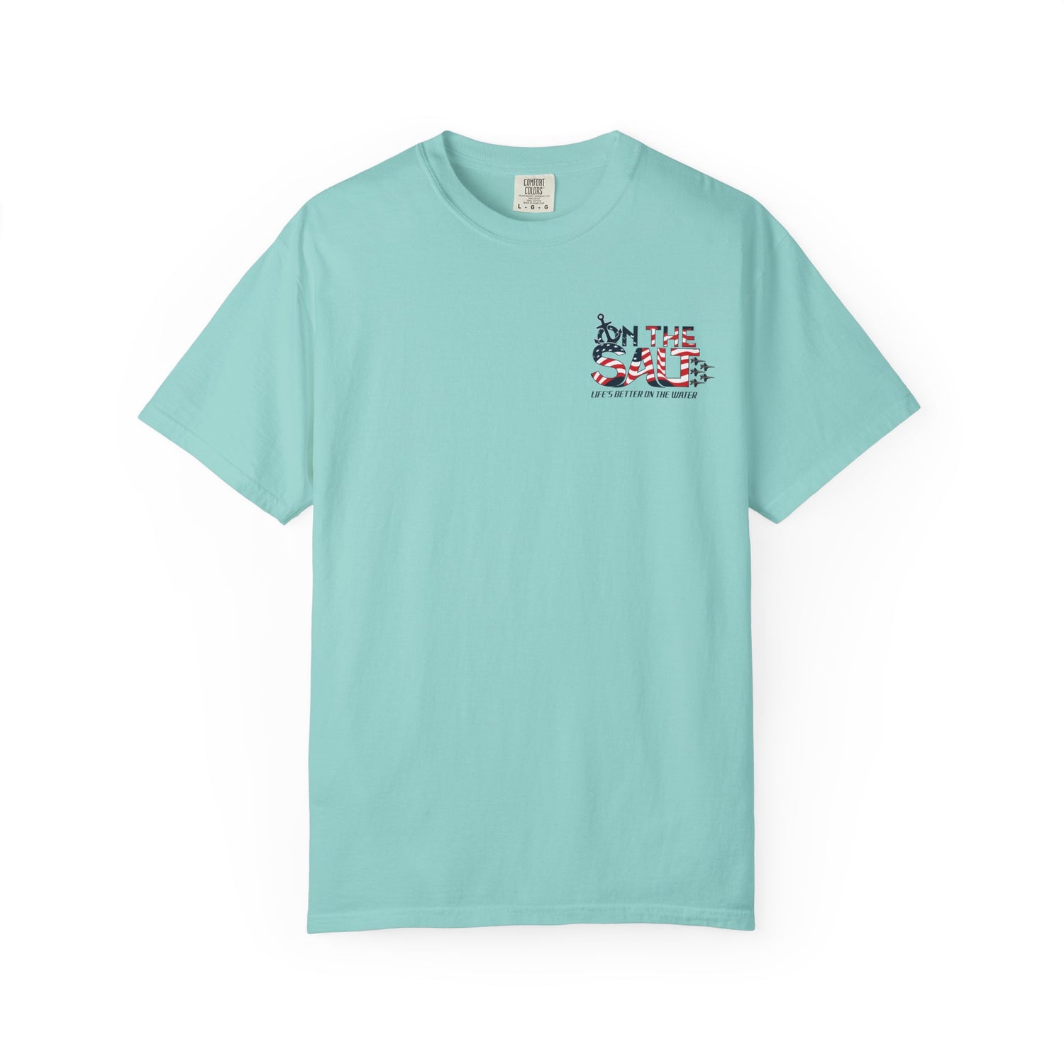 Light blue t-shirt with a graphic design on a white background