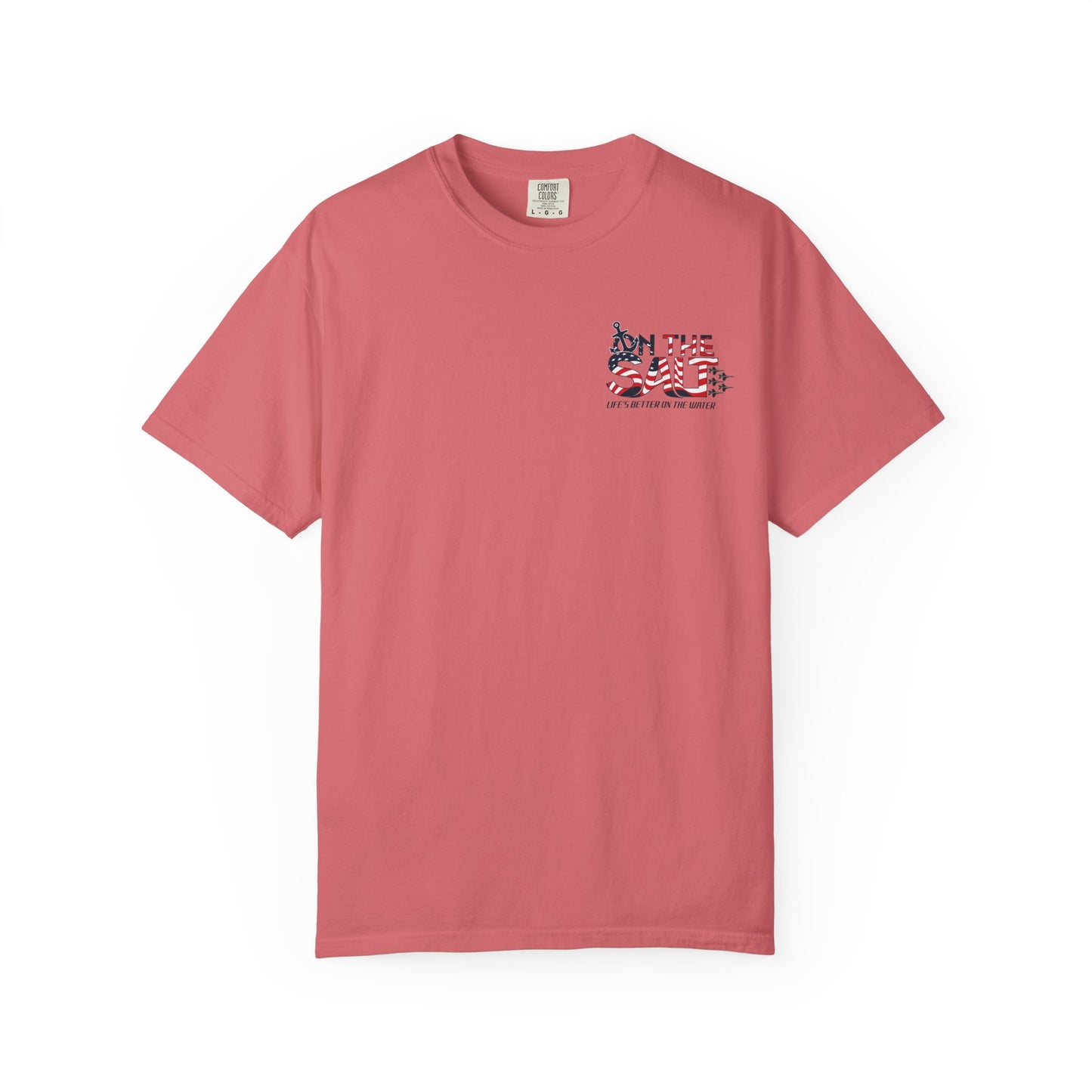 Pink t-shirt with a small logo on a white background