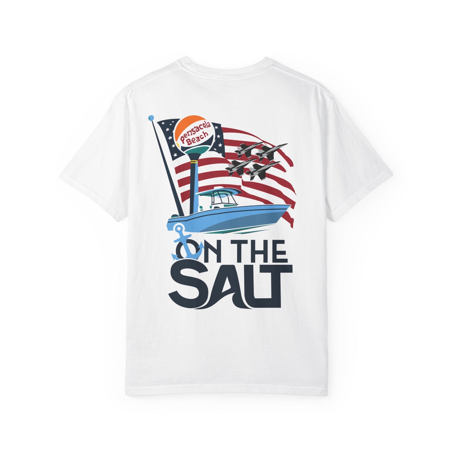 White t-shirt with 'On the Salt' graphic design featuring a boat and American flag on a white background.