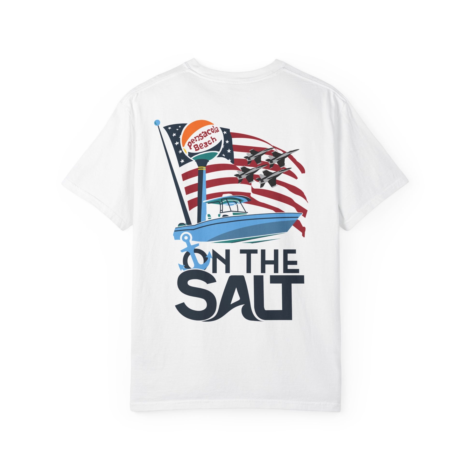 White t-shirt with 'On the Salt' graphic design featuring a boat and American flag on a white background.