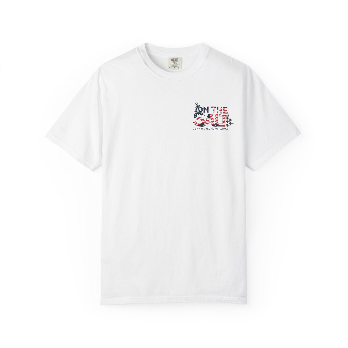 White t-shirt with a small logo on the chest against a white background