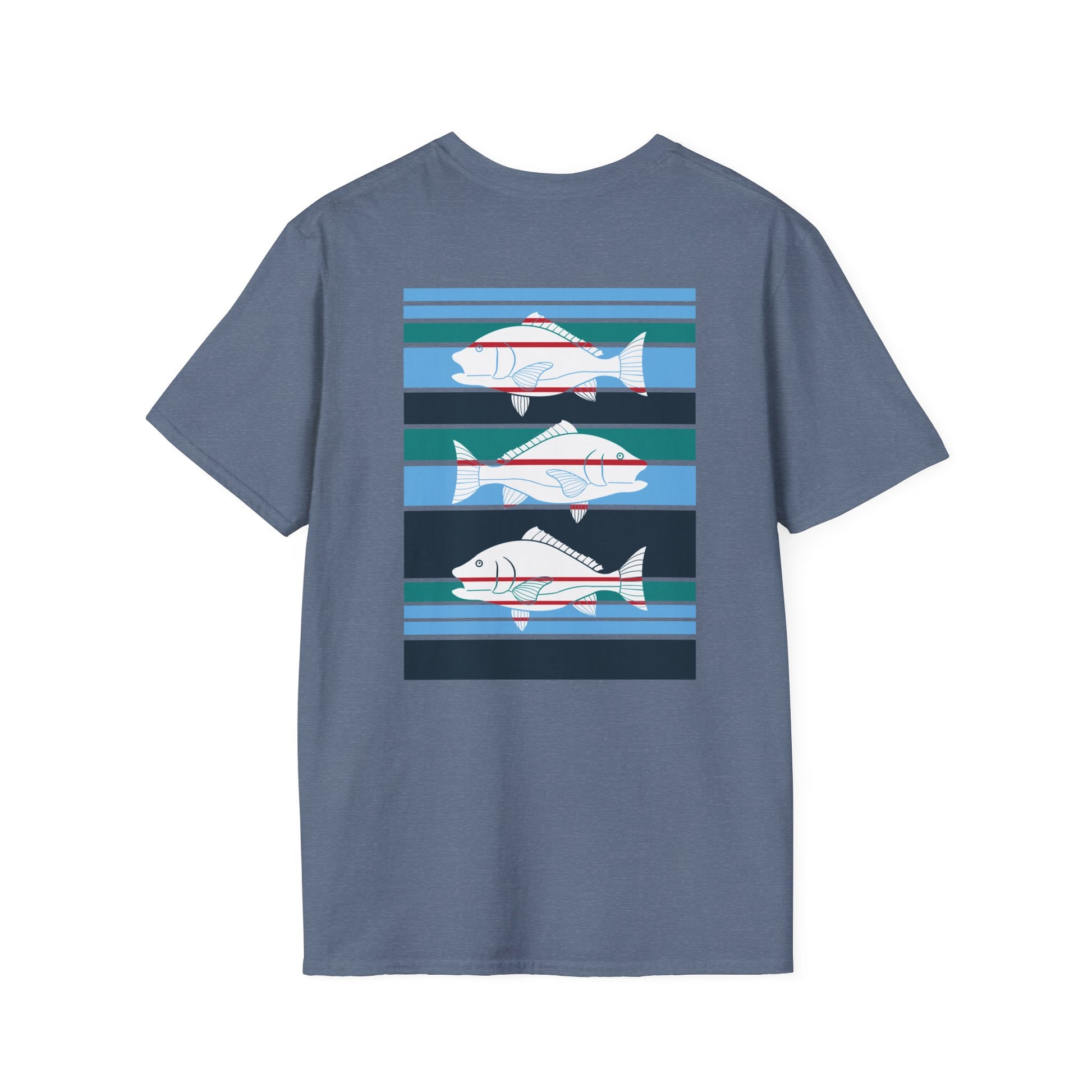 Blue t-shirt with fish design on a white background