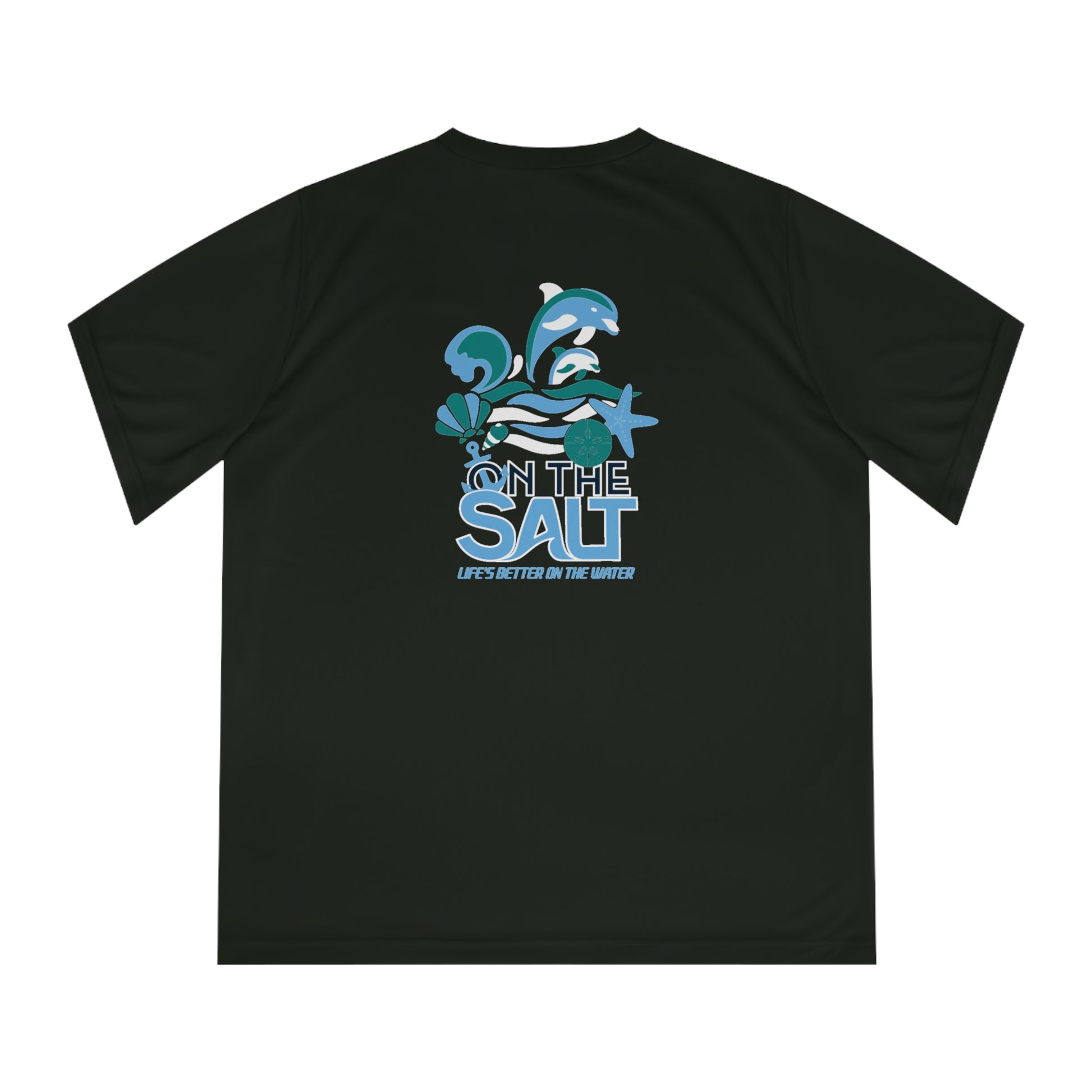 Black t-shirt with dolphins and 'On The Salt' text on a white background