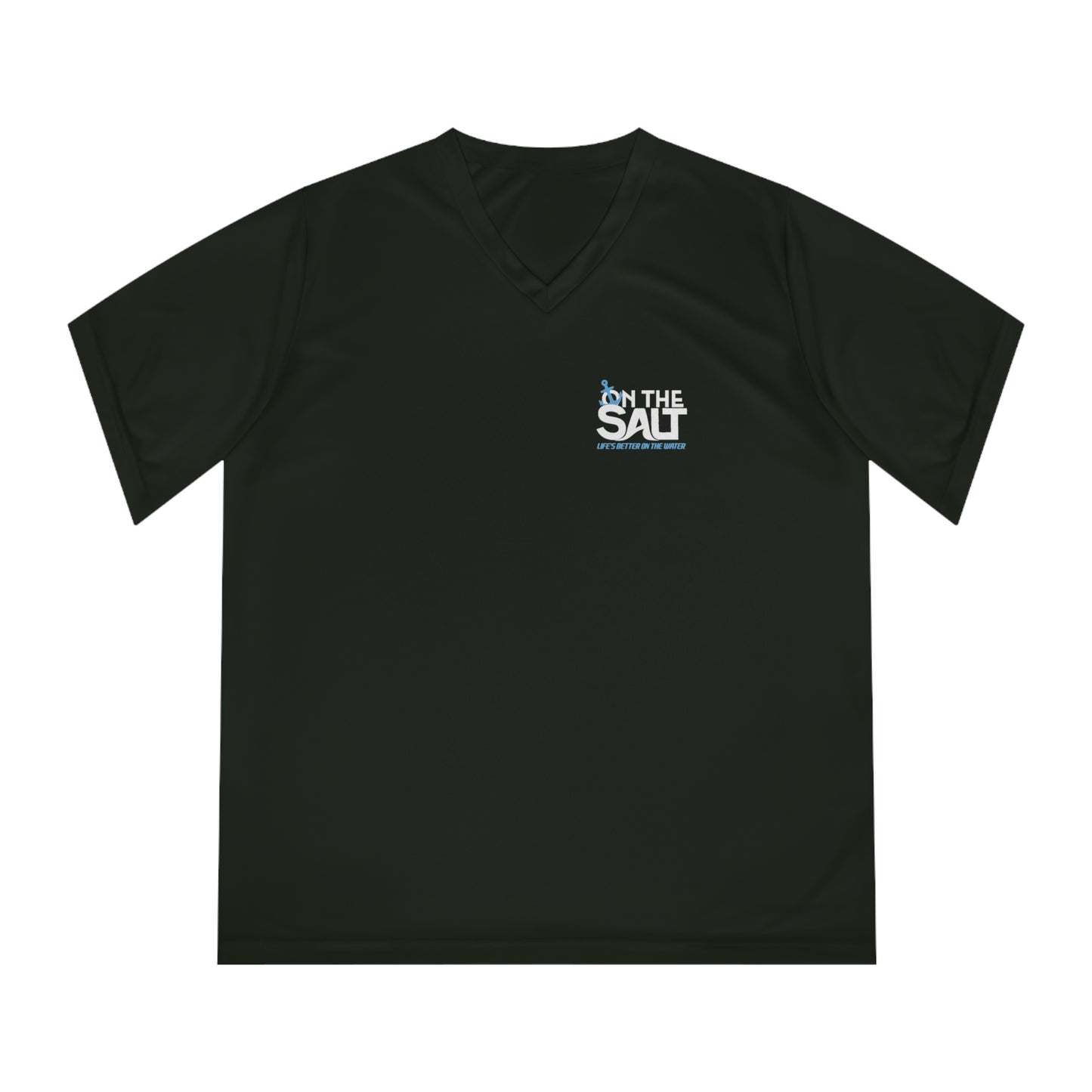 Women's Performance V-Neck T-Shirt with On The Salt logo on the chest against a white background