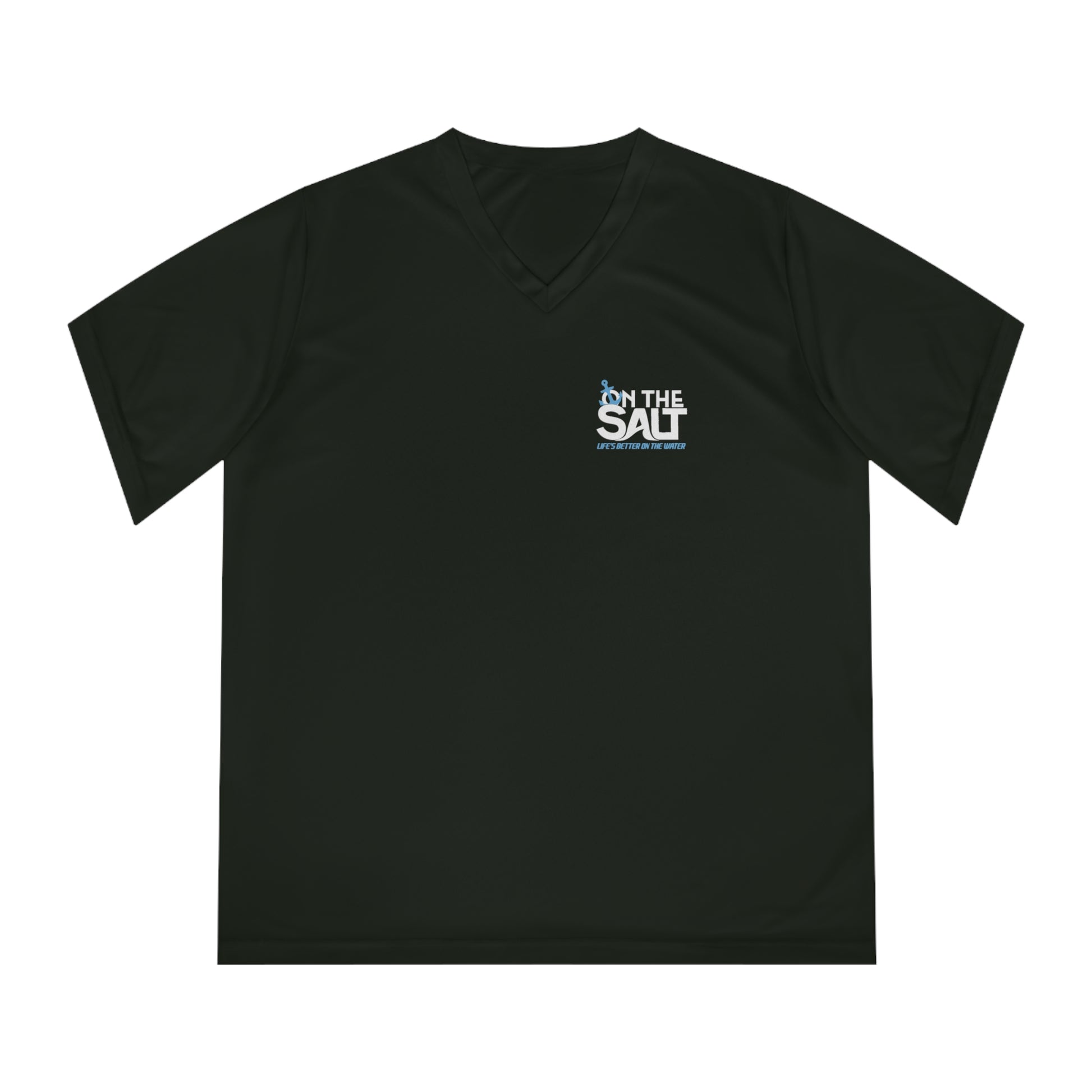 Women's Performance V-Neck T-Shirt with On The Salt logo on the chest against a white background
