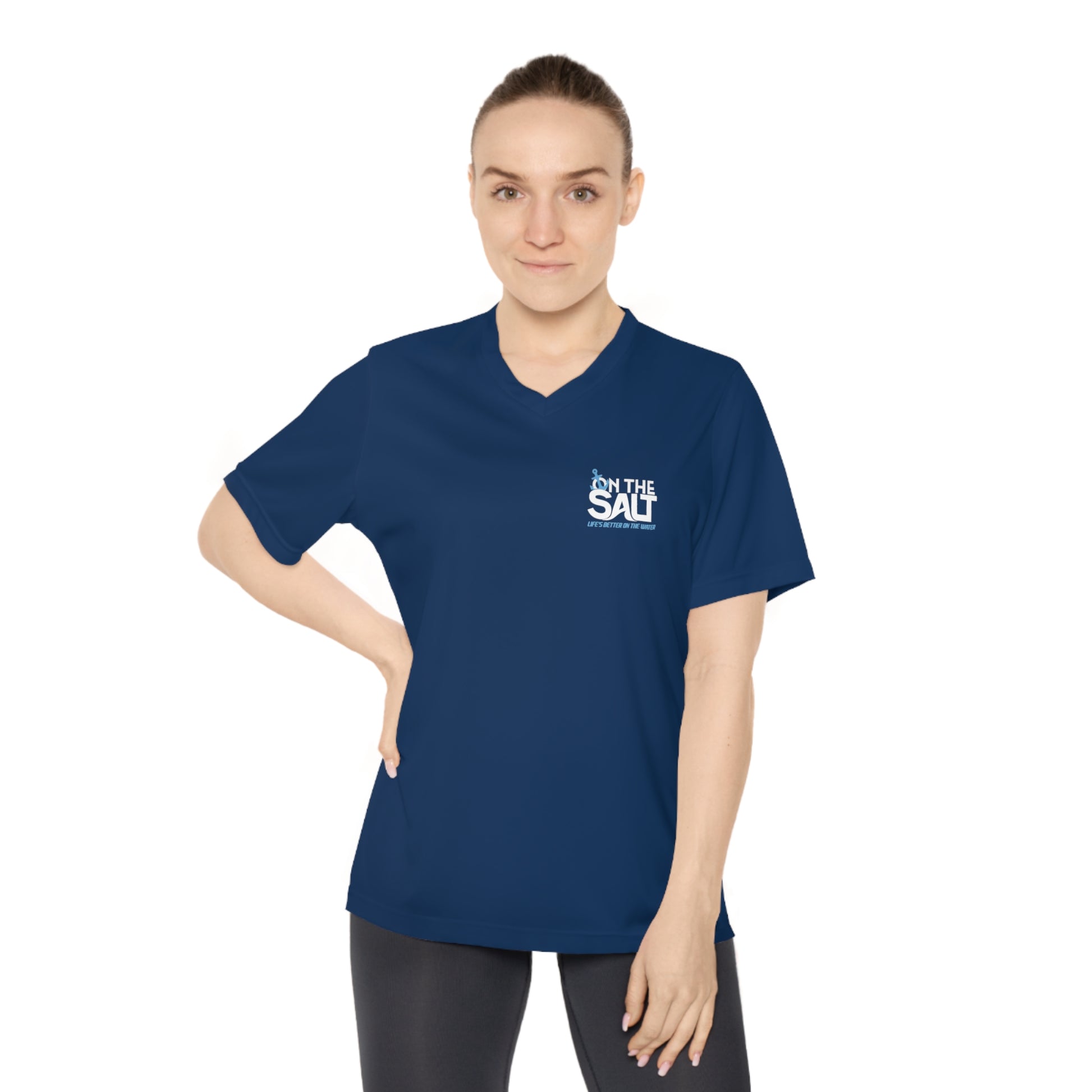 Woman wearing a navy blue t-shirt with 'I'm on the Salt' logo on a white background