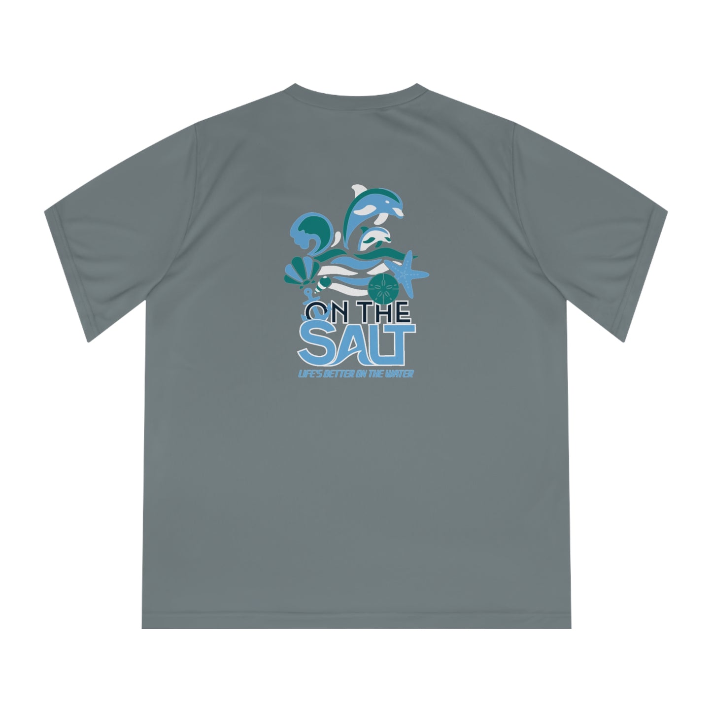 Gray t-shirt with 'On The Salt' logo featuring dolphins on a white background