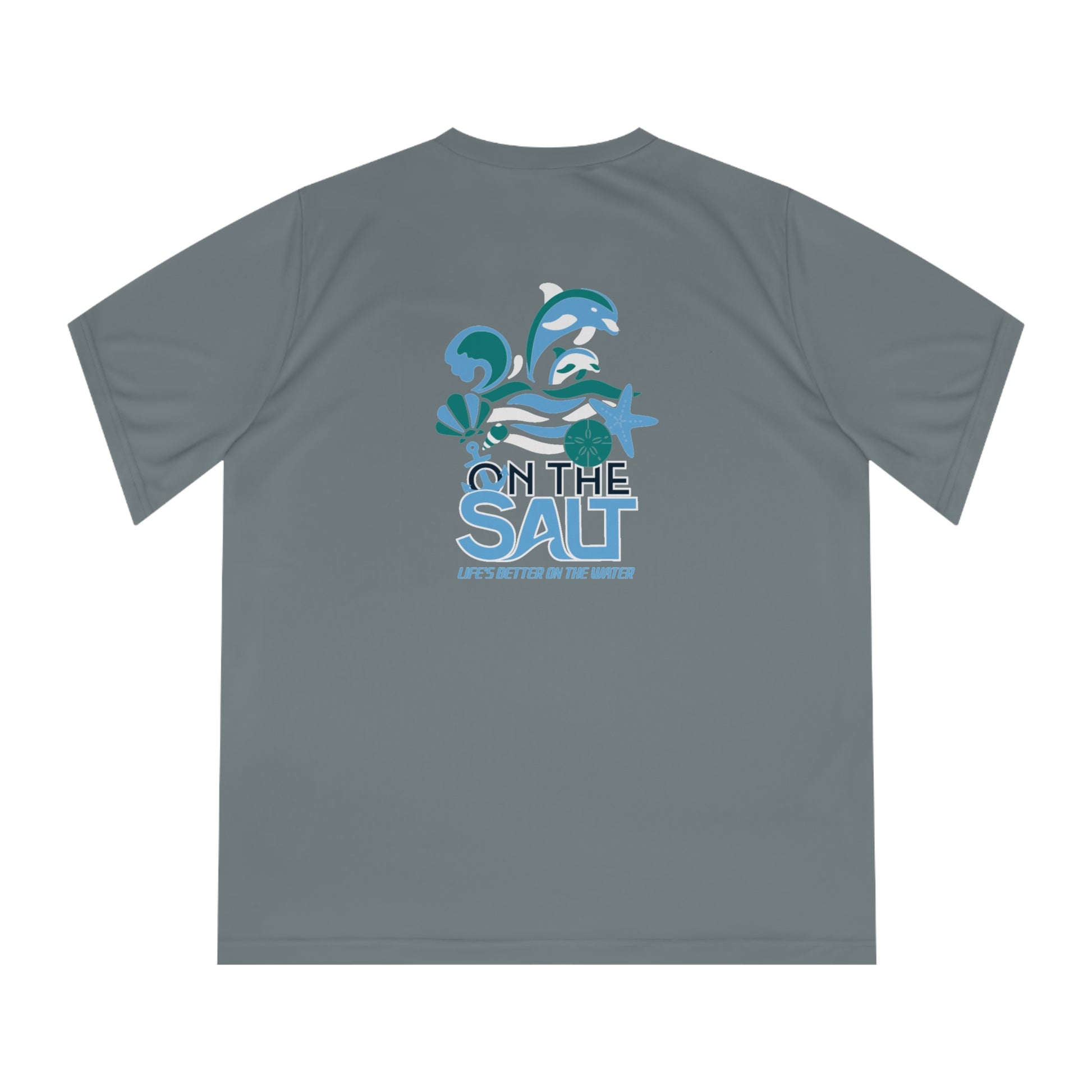 Gray t-shirt with 'On The Salt' logo featuring dolphins on a white background