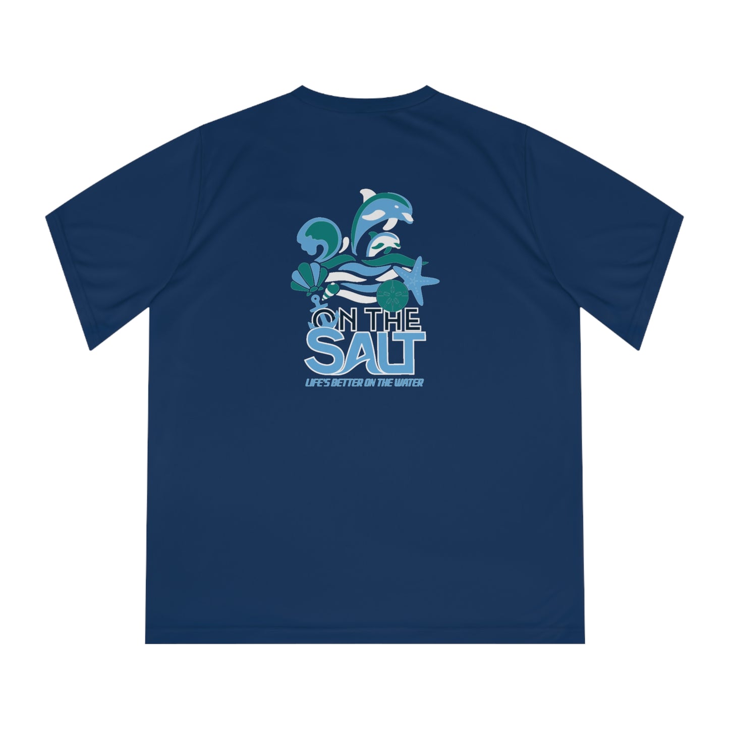 Navy blue t-shirt with 'On The Salt' graphic design featuring dolphins and text on a white background.