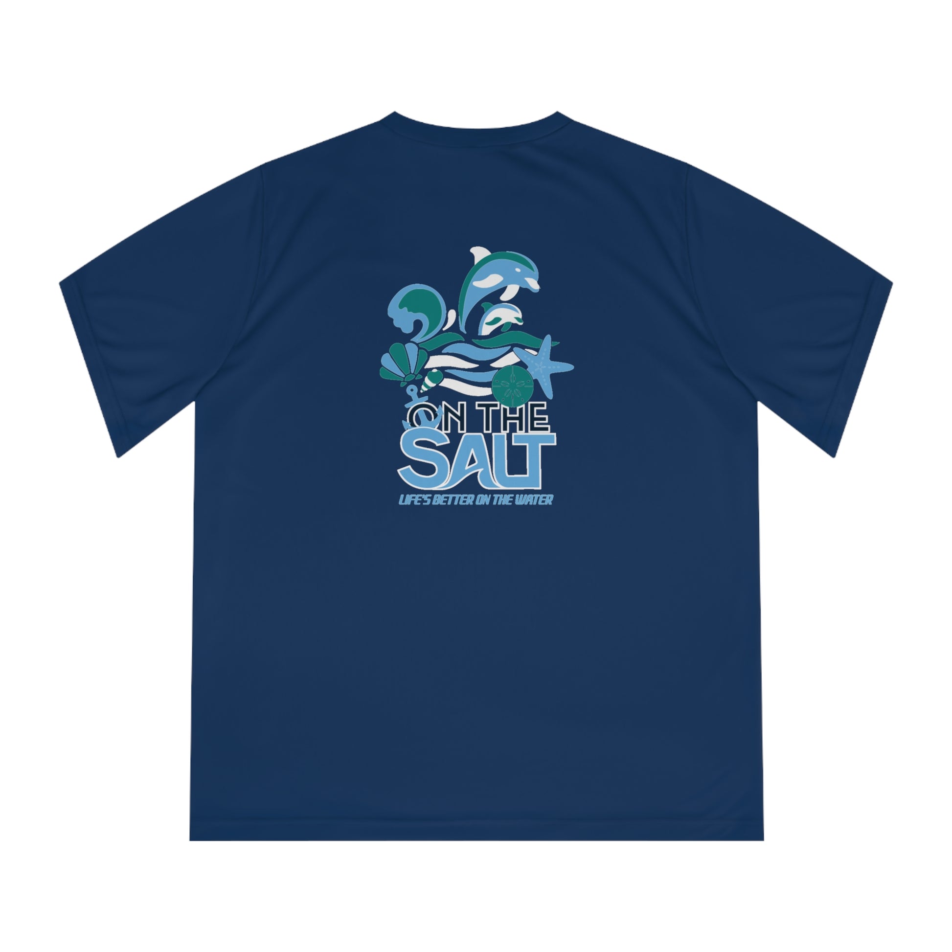 Navy blue t-shirt with 'On The Salt' graphic design featuring dolphins and text on a white background.