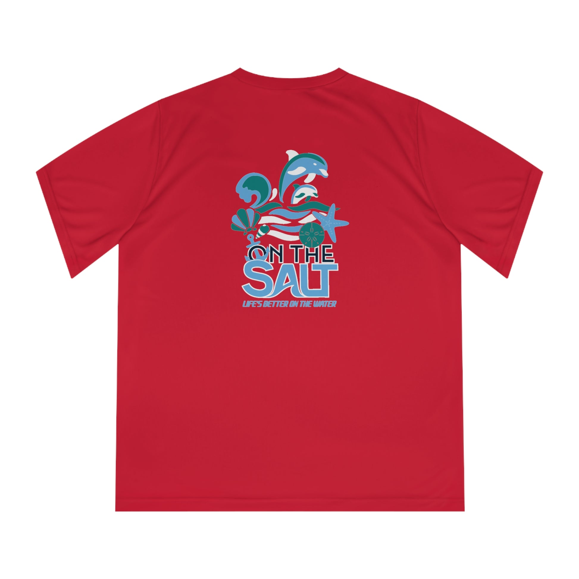 Red t-shirt with a graphic design of dolphins and text on the back, on a white background