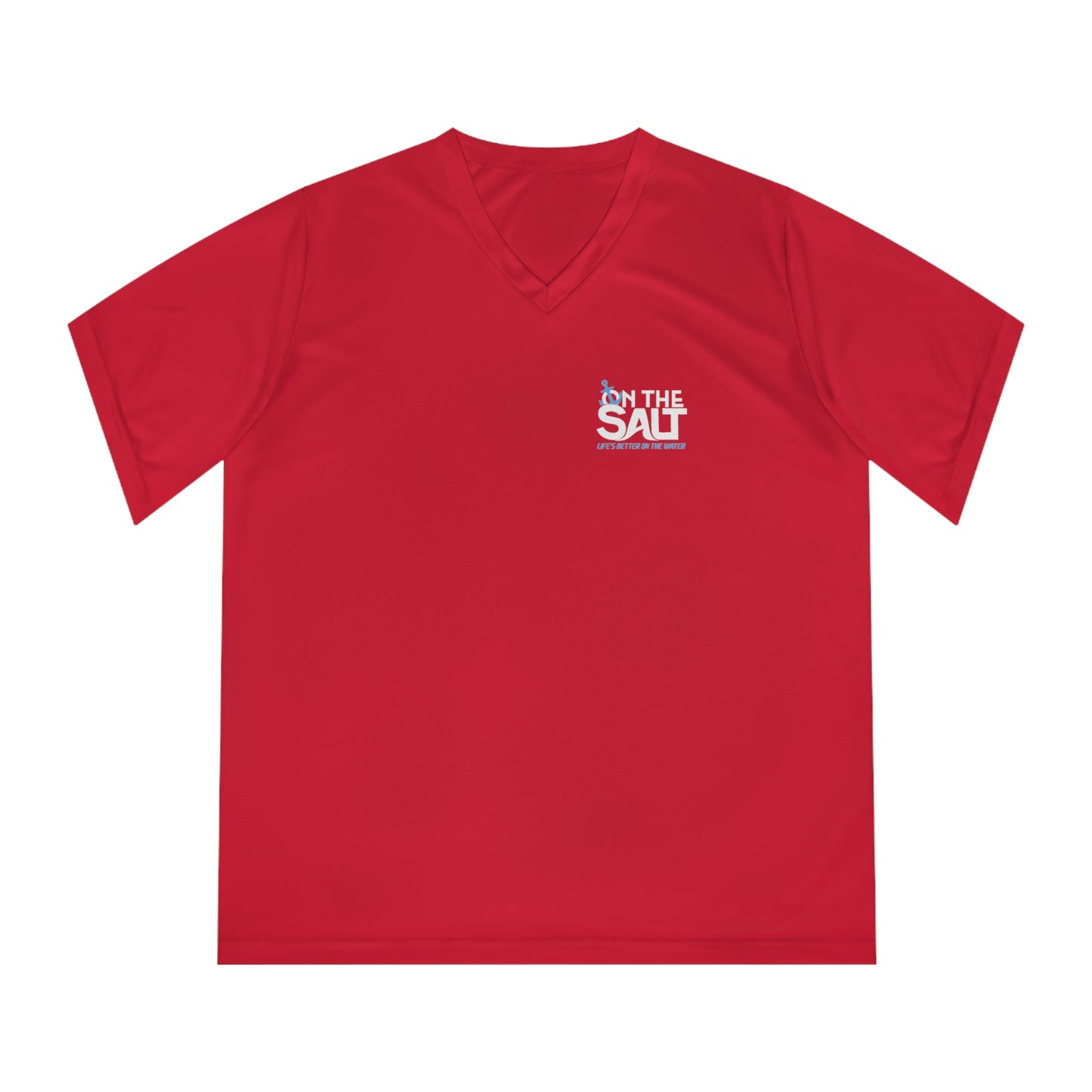 Red t-shirt with On The Salt logo on the chest against a white background
