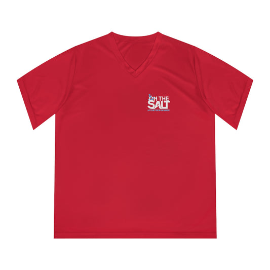 Red t-shirt with On The Salt logo on the chest against a white background