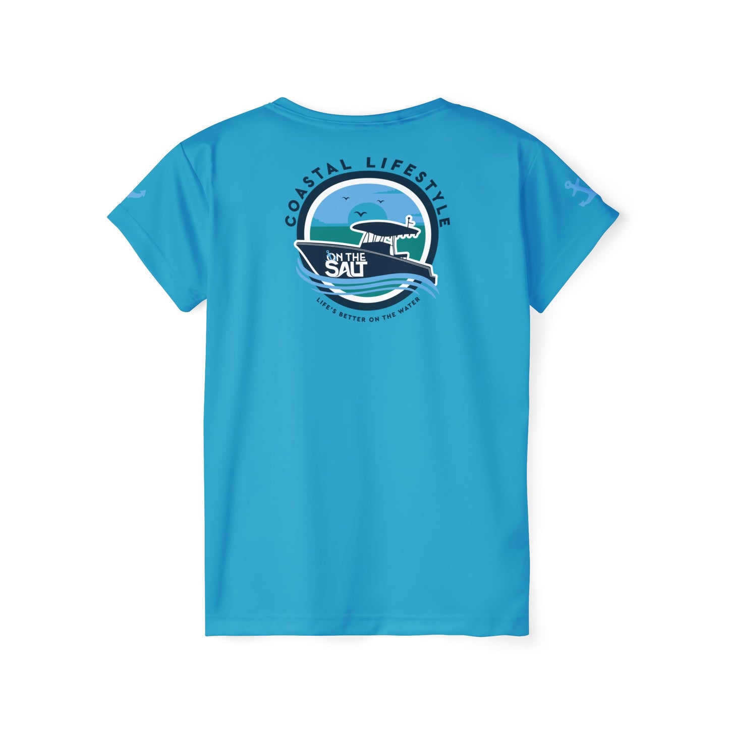 Blue t-shirt with a graphic design on the back 
