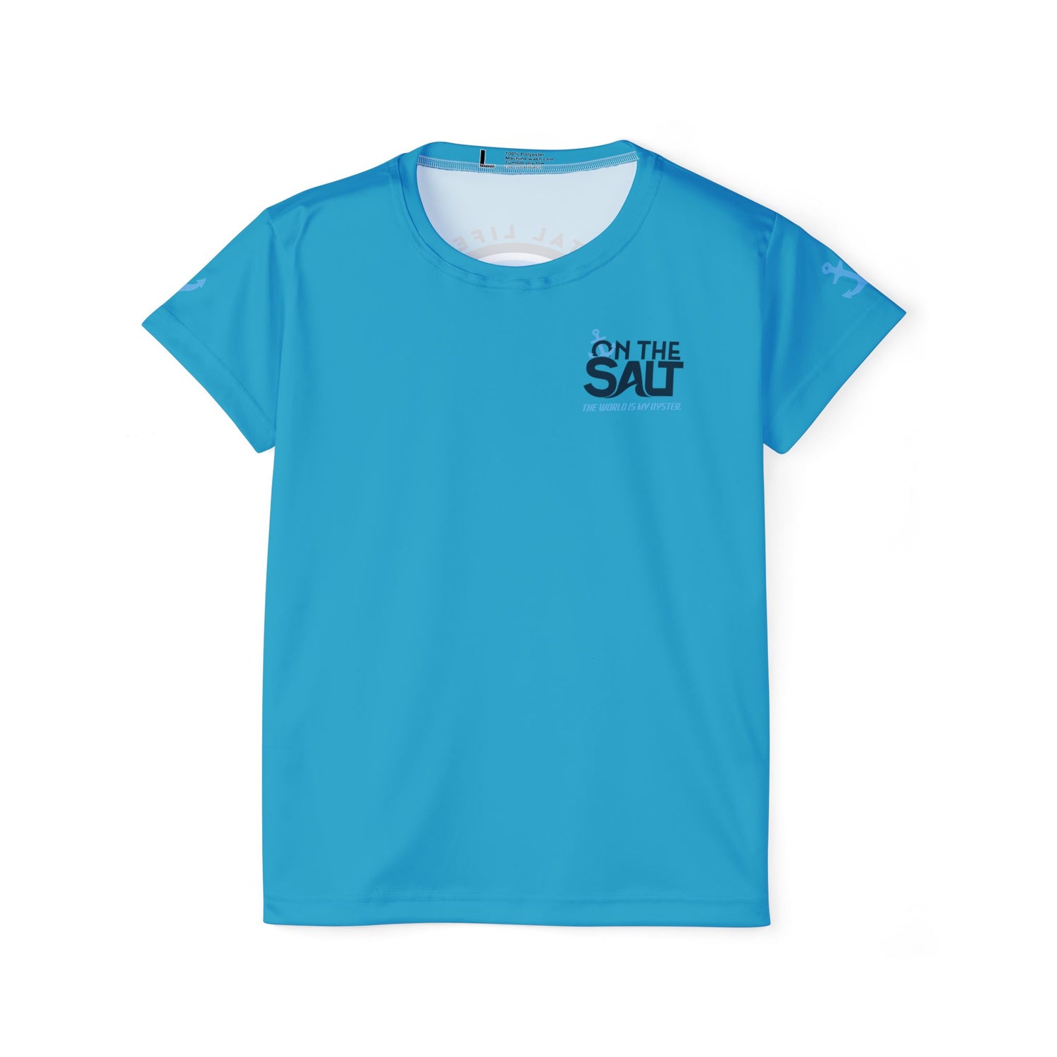 Blue t-shirt with 'On The Salt' logo 